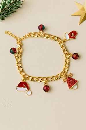 Altın Kaplama Zincir Formlu Kırmızı Beyaz Yılbaşı Temalı Çelik Charm Bileklik