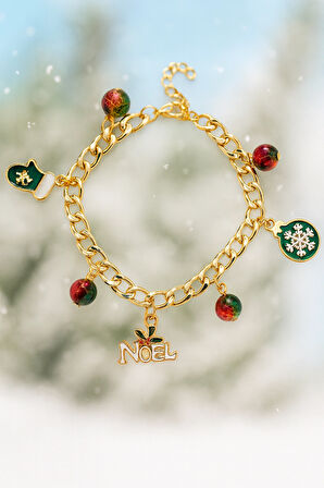 Altın Kaplama Noel Temalı Çelik Charm Bileklik Renkli Boncuk ve Kar Tanesi Detaylı