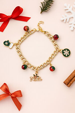 Altın Kaplama Noel Temalı Çelik Charm Bileklik Renkli Boncuk ve Kar Tanesi Detaylı