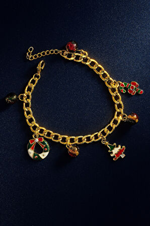 Altın Kaplama Çelik Zincir Yılbaşı Temalı Charm Boncuklu Bileklik Noel Ağaç Detaylı