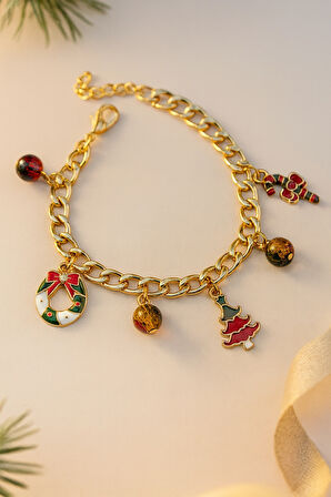 Altın Kaplama Çelik Zincir Yılbaşı Temalı Charm Boncuklu Bileklik Noel Ağaç Detaylı