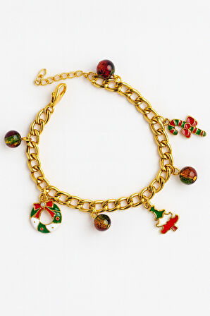 Altın Kaplama Çelik Zincir Yılbaşı Temalı Charm Boncuklu Bileklik Noel Ağaç Detaylı
