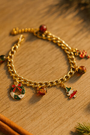 Altın Kaplama Çelik Zincir Yılbaşı Temalı Charm Boncuklu Bileklik Noel Ağaç Detaylı