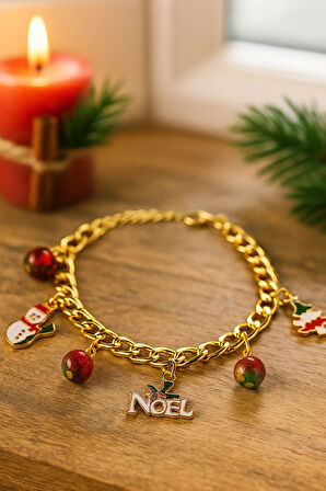 Altın Kaplama Noel Temalı Charm Zincir Bileklik Kar Tanesi Ağaç Detaylı