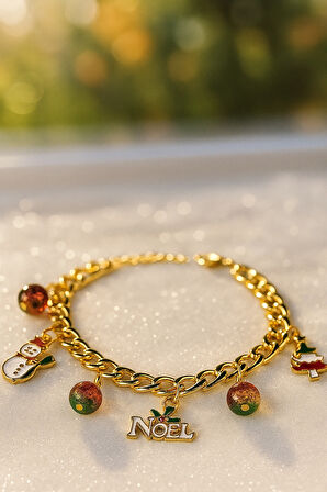 Altın Kaplama Noel Temalı Charm Zincir Bileklik Kar Tanesi Ağaç Detaylı