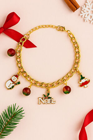 Altın Kaplama Noel Temalı Charm Zincir Bileklik Kar Tanesi Ağaç Detaylı