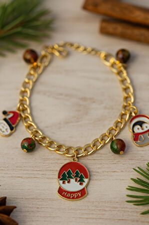 Altın Kaplama Çelik Zincir Yılbaşı Temalı Santa Penguen Happy Charm Bileklik