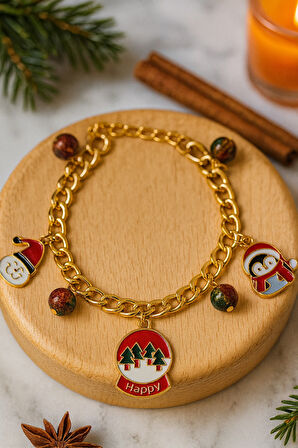 Altın Kaplama Çelik Zincir Yılbaşı Temalı Santa Penguen Happy Charm Bileklik