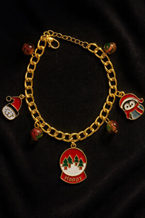Altın Kaplama Çelik Zincir Yılbaşı Temalı Santa Penguen Happy Charm Bileklik