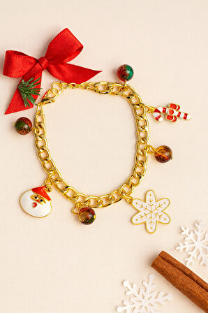 Altın Kaplama Renkli Boncuk Detaylı Noel Temalı Çelik Charm Kadın Bileklik