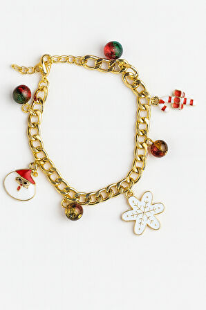 Altın Kaplama Renkli Boncuk Detaylı Noel Temalı Çelik Charm Kadın Bileklik