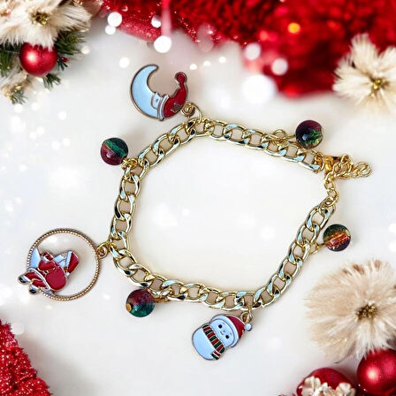 Altın Kaplama Çelik Zincir Noel Temalı Kardan Adam Ve Ay Figürlü Charm Bileklik