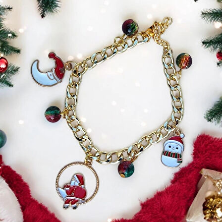 Altın Kaplama Çelik Zincir Noel Temalı Kardan Adam Ve Ay Figürlü Charm Bileklik
