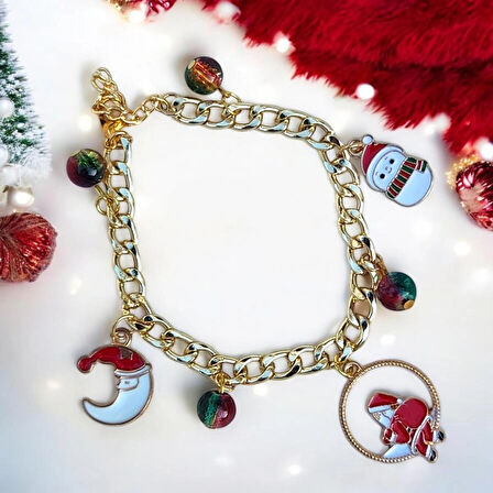Altın Kaplama Çelik Zincir Noel Temalı Kardan Adam Ve Ay Figürlü Charm Bileklik