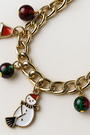 Altın Kaplama Noel Temalı Zincir Charm Bileklik Kardan Adam ve Renkli Boncuk Detaylı