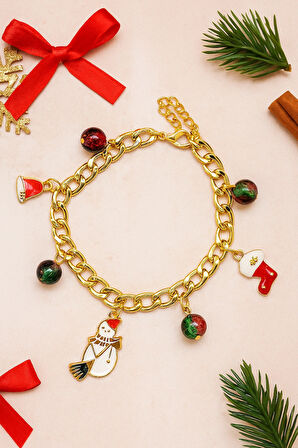 Altın Kaplama Noel Temalı Zincir Charm Bileklik Kardan Adam ve Renkli Boncuk Detaylı