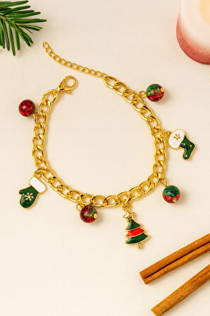 Yılbaşı Temalı Altın Tonlu Zincir Charm Kadın Bileklik