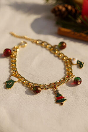 Yılbaşı Temalı Altın Tonlu Zincir Charm Kadın Bileklik