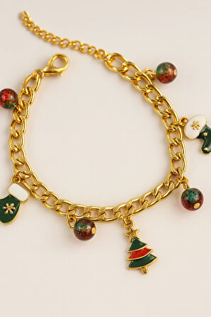 Yılbaşı Temalı Altın Tonlu Zincir Charm Kadın Bileklik