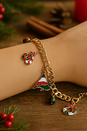 Altın Kaplama Yılbaşı Temalı Charm Zincir Bileklik Kırmızı Yeşil Detaylı