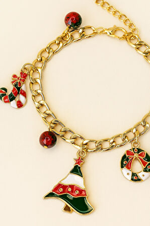 Altın Kaplama Yılbaşı Temalı Charm Zincir Bileklik Kırmızı Yeşil Detaylı