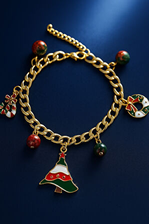 Altın Kaplama Yılbaşı Temalı Charm Zincir Bileklik Kırmızı Yeşil Detaylı