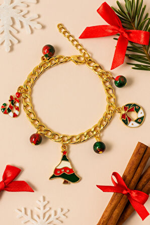 Altın Kaplama Yılbaşı Temalı Charm Zincir Bileklik Kırmızı Yeşil Detaylı