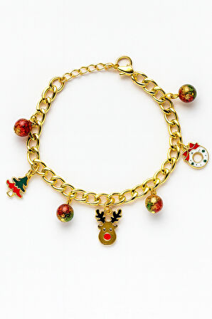 Altın Kaplama Yılbaşı Temalı Çelik Charm Bileklik Renkli Boncuklu