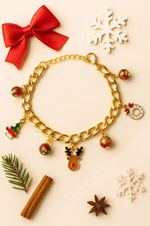 Altın Kaplama Yılbaşı Temalı Çelik Charm Bileklik Renkli Boncuklu