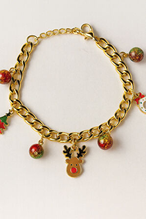 Altın Kaplama Yılbaşı Temalı Çelik Charm Bileklik Renkli Boncuklu