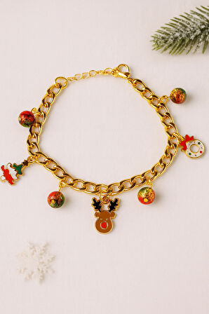Altın Kaplama Yılbaşı Temalı Çelik Charm Bileklik Renkli Boncuklu