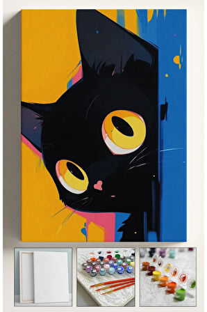 Sayılarla Boyama Hobi Seti Çerçeveli Numaralı Tuval Fırça Boya Kasnaklı SİYAH GİZLİ KEDİ 40x50 Cm