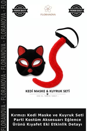 Kırmızı Kedi Maske ve Kuyruk Seti Parti Kostüm Aksesuarı Eğlence Ürünü Kıyafet Eki Etkinlik Detayı