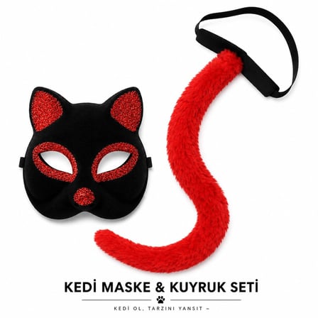 Kırmızı Kedi Maske ve Kuyruk Seti Parti Kostüm Aksesuarı Eğlence Ürünü Kıyafet Eki Etkinlik Detayı