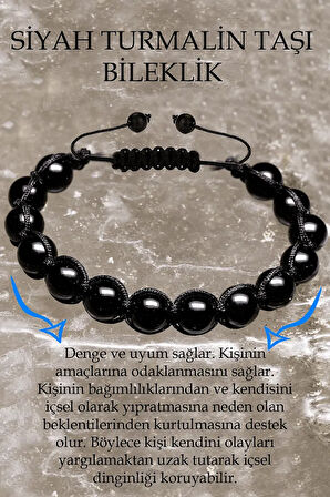 Sertifikalı A Kalite Siyah Turmalin Taşı Bileklik - Makrome