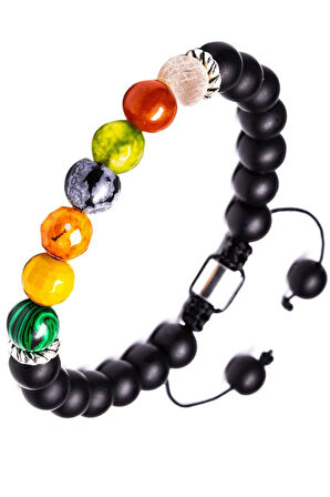 Sertifikalı Makrome 7 Çakra Doğal Taş Bileklik - Malahit Akik Jasper Obsidyen Kuvars Oniks Taşı
