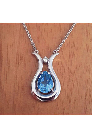 925 Ayar Pırlanta Mavi Topaz 'Seni Seviyorum' Kolye (GK00118)