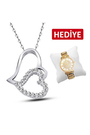 925 Ayar Altın Kaplamalı Gümüş Çift Kalp Kolye (GK00173)
