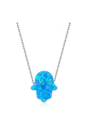 925 Ayar Mavi Opal Fatma Ana Eli Gümüş Kolye (GK00283)