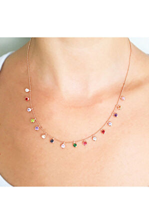 925 Ayar Renkli Taşlı Tifani Roz Gümüş Kolye (GK00507)