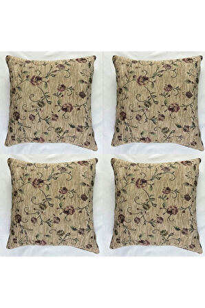 Çiçek Desenli Yastık Kılıfı Çift Taraflı Goblen Kumaş Kapalı Fermuarlı Kırlent 4'lü 40x40