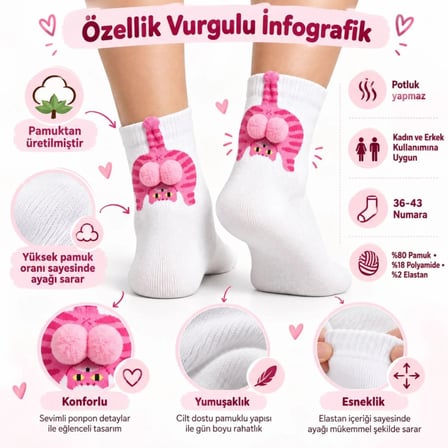 Kadın Soket Çorap - Beyaz Pembe Kedi Desenli Ponponlu MERY WOMAN