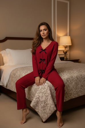 Kadın Bordo Fiyonklu İç Çamaşırı Ve Uzun Kollu V Yaka Pijama Takımı 'lü Set