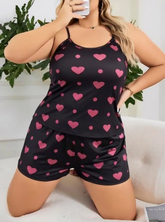 Büyük Beden Siyah Kalp Desen İnce Askılı Pamuklu Şortlu Pijama Takımı MERY WOMAN