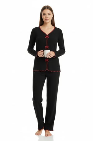 Premium Kadın ’lü Fitilli Set – Siyah Kırmızı Biyeli (pijama Üst, Pantolon, Bikini Takımı)