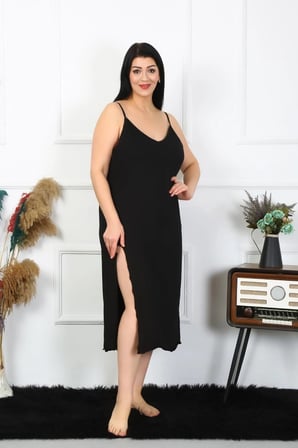 Kadın Büyük Beden İp Askılı Pamuklu Siyah Uzun Gecelik MERY WOMAN