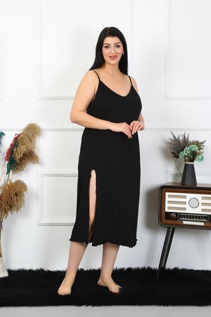 Kadın Büyük Beden İp Askılı Pamuklu Siyah Uzun Gecelik MERY WOMAN