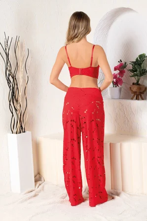 Bralet Sütyen, Slip Külot Ve Pantolon Takım Kırmızı