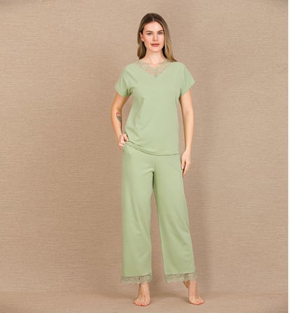 Pamuklu Şık Tasarım Dantel İşlemeli Yeşil Kısa Kol Pijama Takımı MERY WOMAN