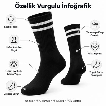 Siyah Çorap Beyaz Çizgili 3'lü Set Unisex Uzun Soket Günlük Spor Rahat Kolej Stil Çorap Seti MERY WOMAN